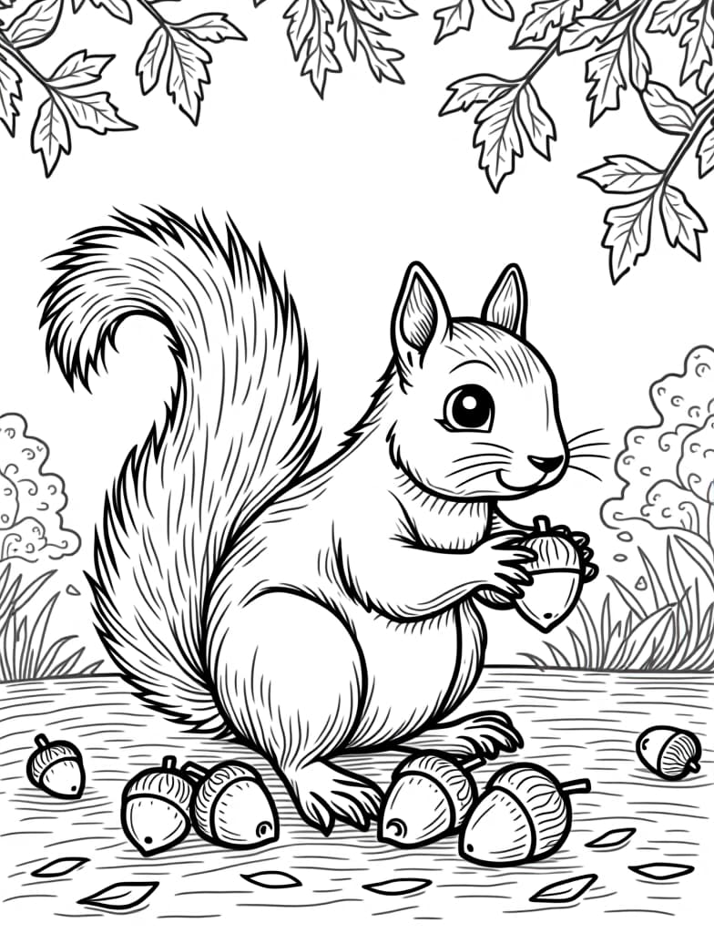  a squirrel gathering acorns on an autumn day, black and white line art on a white background, for an adult coloring page.