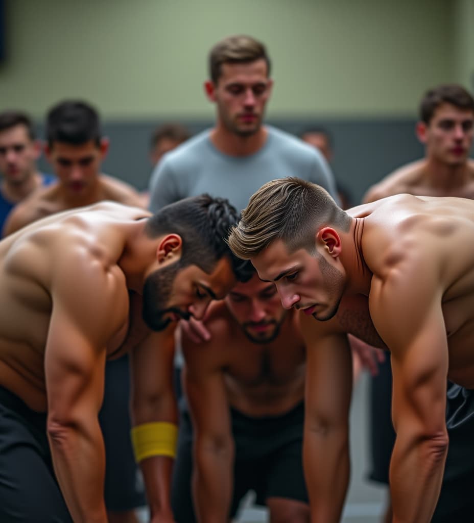  multiple guys bending over in a line and a man standing behind them with an intent to rag