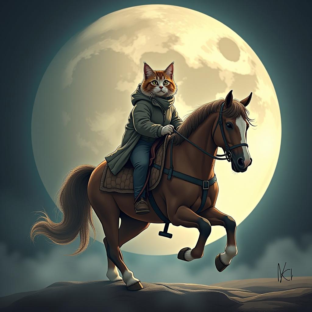  a cat riding a horse, hand drawn, on the moon, studio light, hdr 4k hyperrealistic, full body, detailed clothing, highly detailed, cinematic lighting, stunningly beautiful, intricate, sharp focus, f/1. 8, 85mm, (centered image composition), (professionally color graded), ((bright soft diffused light)), volumetric fog, trending on instagram, trending on tumblr, HDR 4K, 8K