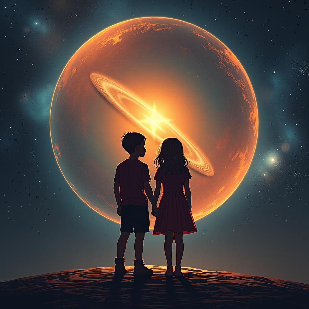  a boy and a girl against the backdrop of the universe.