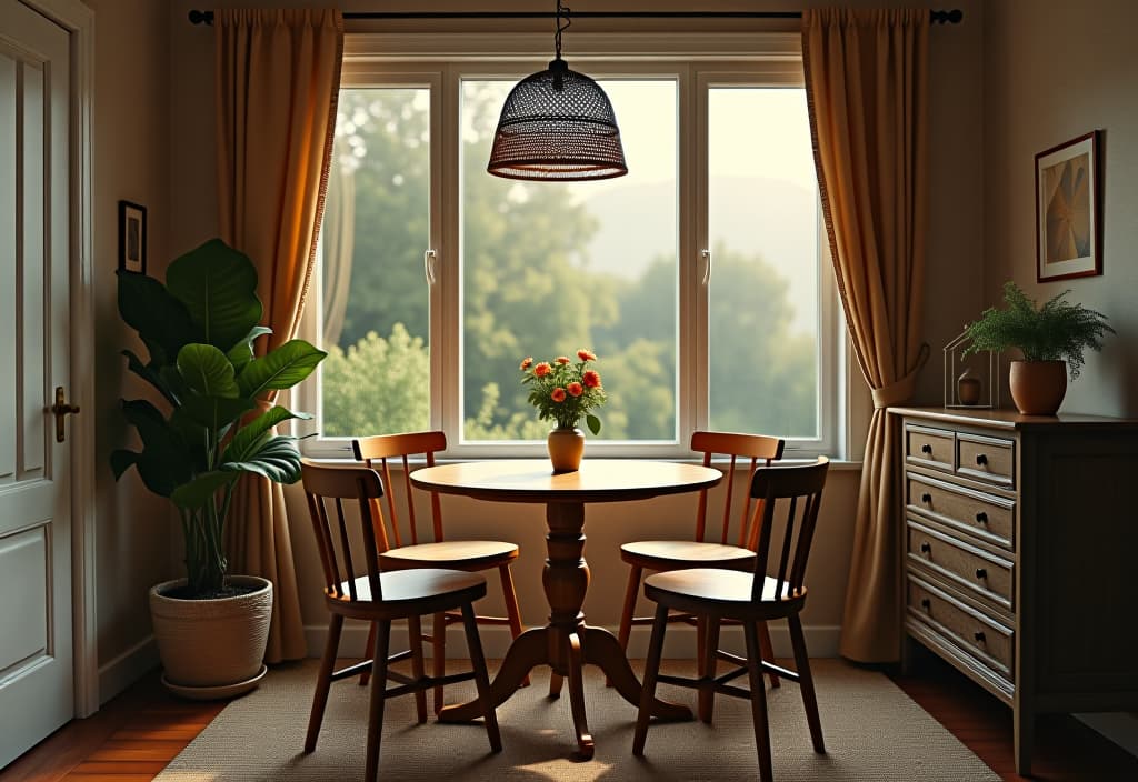  a landscape photo of a small dining nook with a round table, mismatched vintage chairs, and a diy pendant light made from a woven basket hyperrealistic, full body, detailed clothing, highly detailed, cinematic lighting, stunningly beautiful, intricate, sharp focus, f/1. 8, 85mm, (centered image composition), (professionally color graded), ((bright soft diffused light)), volumetric fog, trending on instagram, trending on tumblr, HDR 4K, 8K