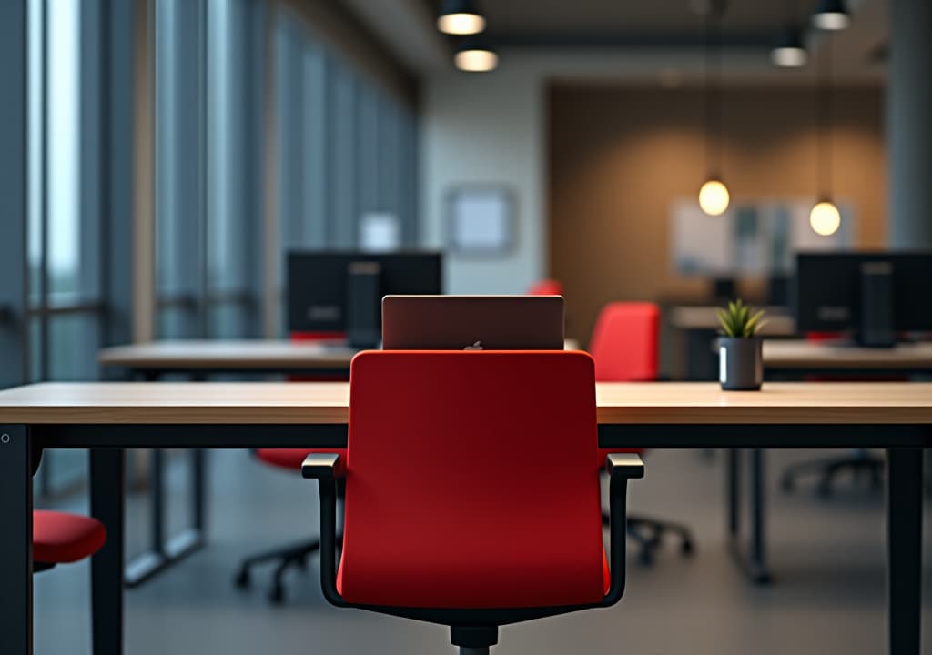  red office chair placed in front of the table with laptop. modern workspace or workplace interior design where employees are coming to their job, indoors remote internet connection corporate work