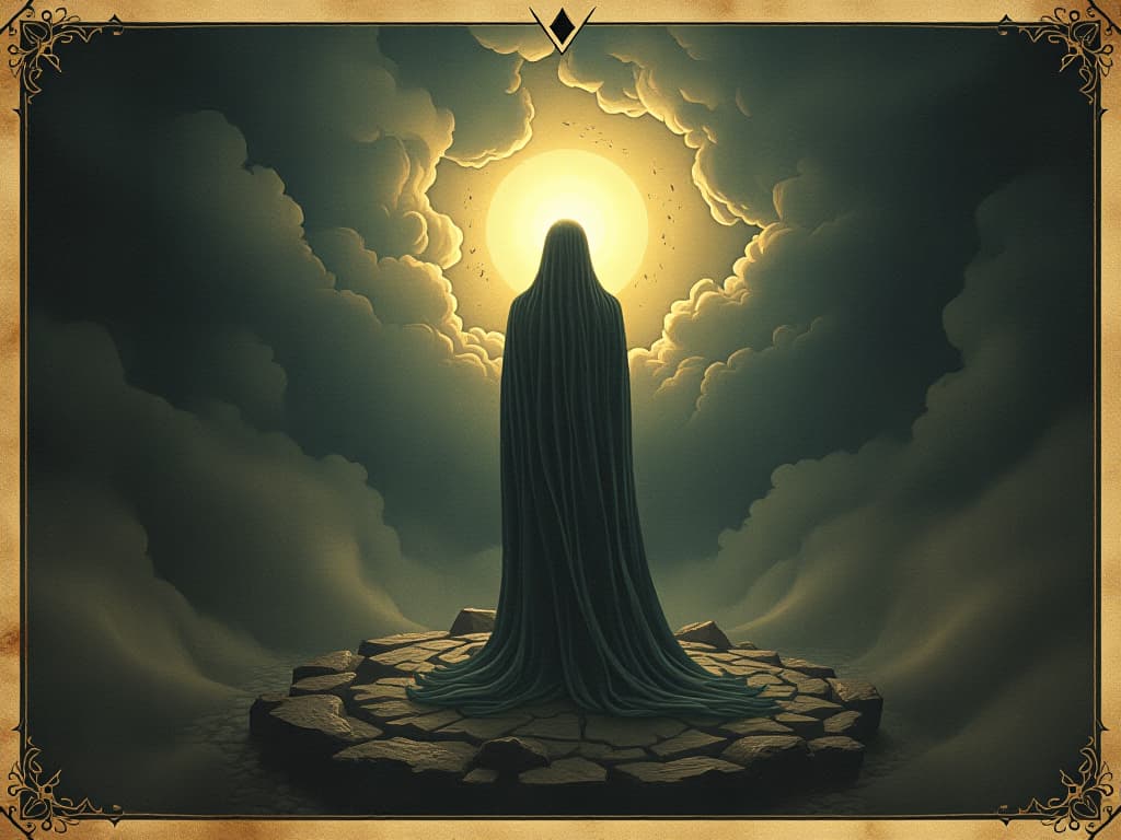  a radiant figure at the center of a dark storm, their light extinguishing the shadows around them, swirling clouds and dark energy dissipating, mastery, control. an illustration in the style of a worn, mystical old tarot trump card, mysterious and elements of surrealism. the colors are muted, somber and eerie, but with contrast bring out an occult and esoteric vibe.