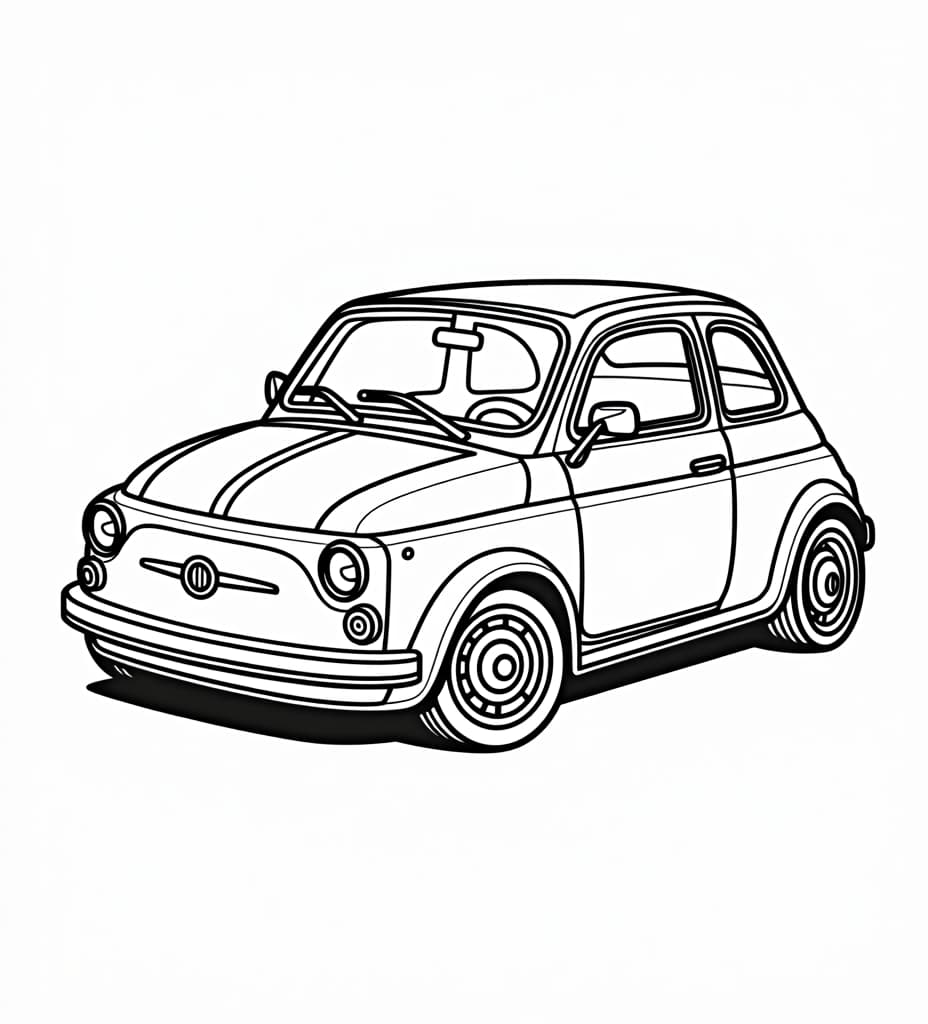  centered black and white high contrast line drawing, coloring book style,fiat 500 2014, made out of 1x1x1 cube blocks if the area to build it was 20x30x30 cubes, monochrome, blank white background