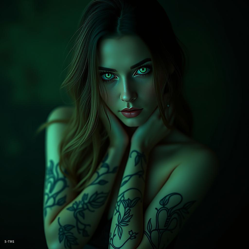  5. a striking chiaroscuro of a mysterious woman resembling poison ivy, with hypnotic emerald eyes and vine tattoos spiraling down her arms. captured with a leica sl2 and a 50mm f/1.4 lens. small text 'astravision' at bottom right corner. hyperrealistic, full body, detailed clothing, highly detailed, cinematic lighting, stunningly beautiful, intricate, sharp focus, f/1. 8, 85mm, (centered image composition), (professionally color graded), ((bright soft diffused light)), volumetric fog, trending on instagram, trending on tumblr, HDR 4K, 8K