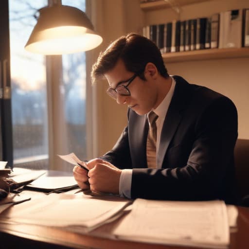 A photo of a Car Accident Attorney reviewing case files in a modern law office in the soft glow of early evening light.