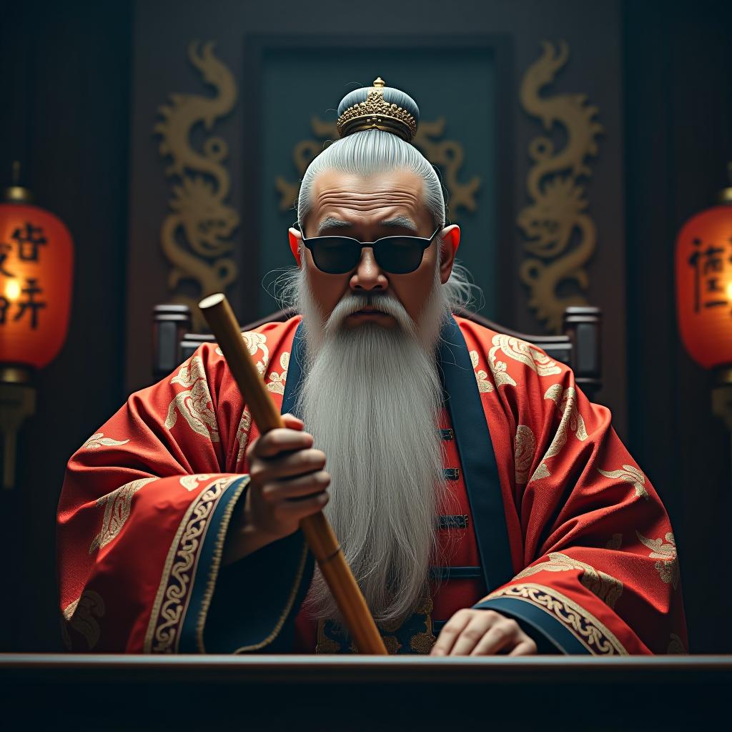  create a high quality, photorealistic image that vividly depicts the following scene: "traditional chinese tribunal setting with a severe magistrate portrayed. he is of middle age, asian descent, proudly sporting a snowy beard, his expression as immovable as a rock. he is perched on a high dais, arrayed in lavishly decorated antique robes, with primitive dark sunglasses shielding his eyes while he wields a bamboo mallet. the atmosphere is enhanced by strategically played out shadows and the wavering glow of a classic lantern, with intricately chiselled dragon emblems faintly visible in the backdrop. this image is ideally shot with a leica sl2 s, utilizing a 50mm f/1.4 summilux lens, iso settings of 200, a one sixtieth of a second shutt hyperrealistic, full body, detailed clothing, highly detailed, cinematic lighting, stunningly beautiful, intricate, sharp focus, f/1. 8, 85mm, (centered image composition), (professionally color graded), ((bright soft diffused light)), volumetric fog, trending on instagram, trending on tumblr, HDR 4K, 8K