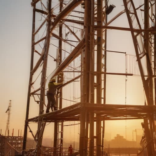 A photo of a group of construction workers assembling scaffolding in a bustling urban construction site during the golden hour with warm, soft light bathing the scene.