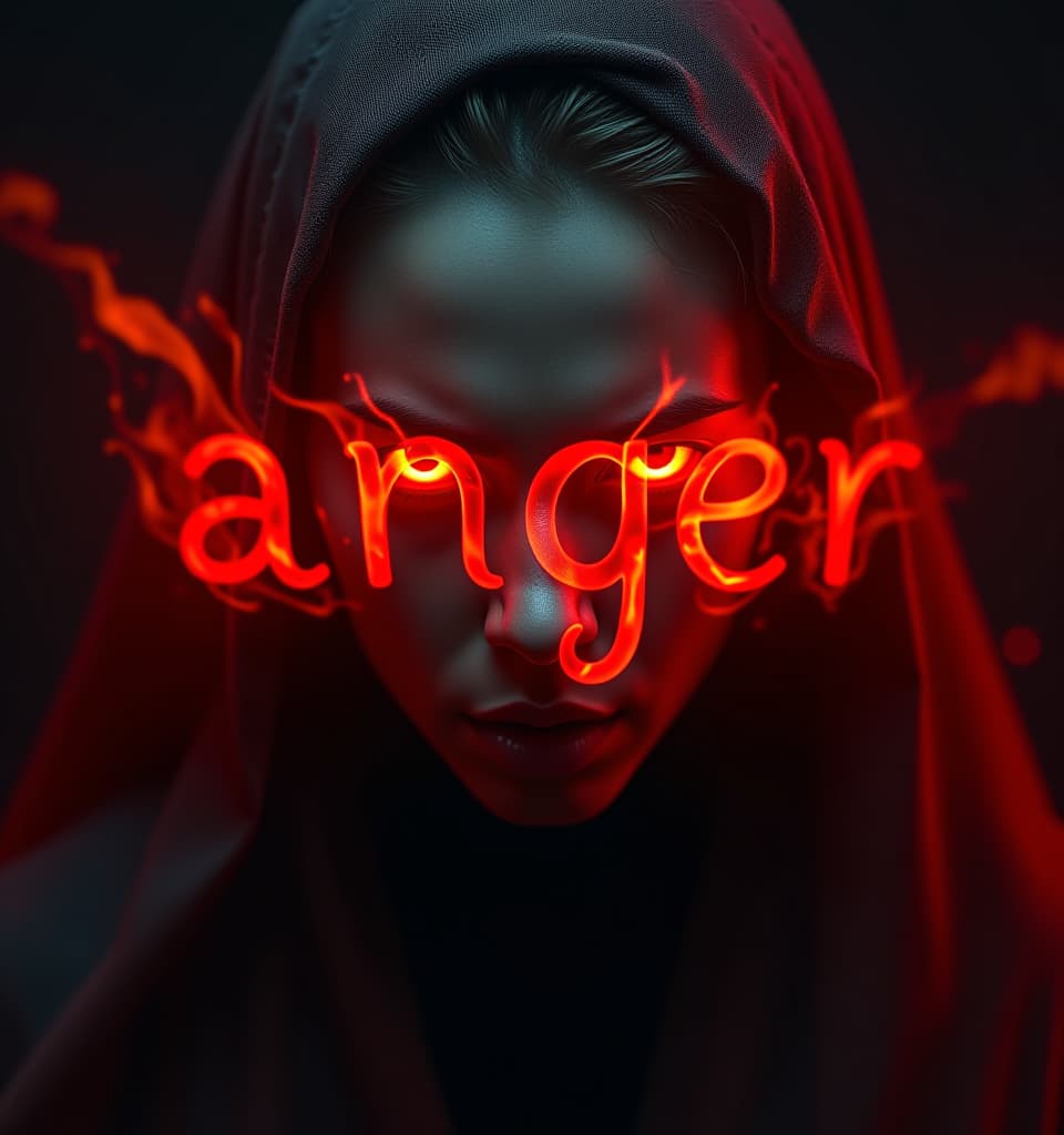  abstract image conveying the emotion of anger black background. red fire evil glowing eyes, angry woman, large fire letters across the woman, "anger". ultra high definition rendering, dissolution of textures. radiant and fiery aura, bright and ethereal energy. hyperrealistic, full body, detailed clothing, highly detailed, cinematic lighting, stunningly beautiful, intricate, sharp focus, f/1. 8, 85mm, (centered image composition), (professionally color graded), ((bright soft diffused light)), volumetric fog, trending on instagram, trending on tumblr, HDR 4K, 8K