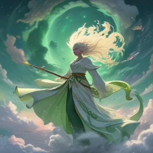 In the digital art style of Akina Fujiwara, create an image of Venti - Genshin Windborne Bard standing atop a swirling tornado of wind, surrounded by three majestic "Genshin" monsters. Venti exudes an ethereal glow, his flowing green and white robes billowing in the wind. The sky above is a canvas of swirling clouds and sparkling stars. Venti's harp emits a soft, enchanting melody that resonates through the air. The scene is both serene and powerful, capturing the essence of the wind element. fantastical creatures or characters inspired by mythology, folklore, or popular culture. use vibrant colors, sharp lines, intricate details, dynamic poses, dramatic lighting, atmospheric backgrounds, and blend anime, manga, and Western comic influences