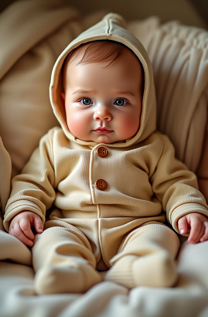  una fotografía de alta calidad de un bebé sonriente vestido con una prenda de bambino mio. el bebé está en un entorno hogareño, cómodo y elegante, rodeado de juguetes de madera y textiles naturales que complementan el color y diseño de la ropa. hyperrealistic, full body, detailed clothing, highly detailed, cinematic lighting, stunningly beautiful, intricate, sharp focus, f/1. 8, 85mm, (centered image composition), (professionally color graded), ((bright soft diffused light)), volumetric fog, trending on instagram, trending on tumblr, HDR 4K, 8K