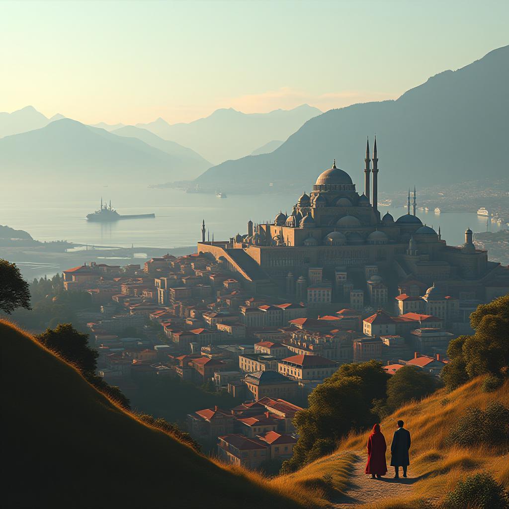  a visual of a futuristic view of a place in the northwestern region of turkey. the visual should include a lot of historical and cultural elements. it should also be a city view. hyperrealistic, full body, detailed clothing, highly detailed, cinematic lighting, stunningly beautiful, intricate, sharp focus, f/1. 8, 85mm, (centered image composition), (professionally color graded), ((bright soft diffused light)), volumetric fog, trending on instagram, trending on tumblr, HDR 4K, 8K