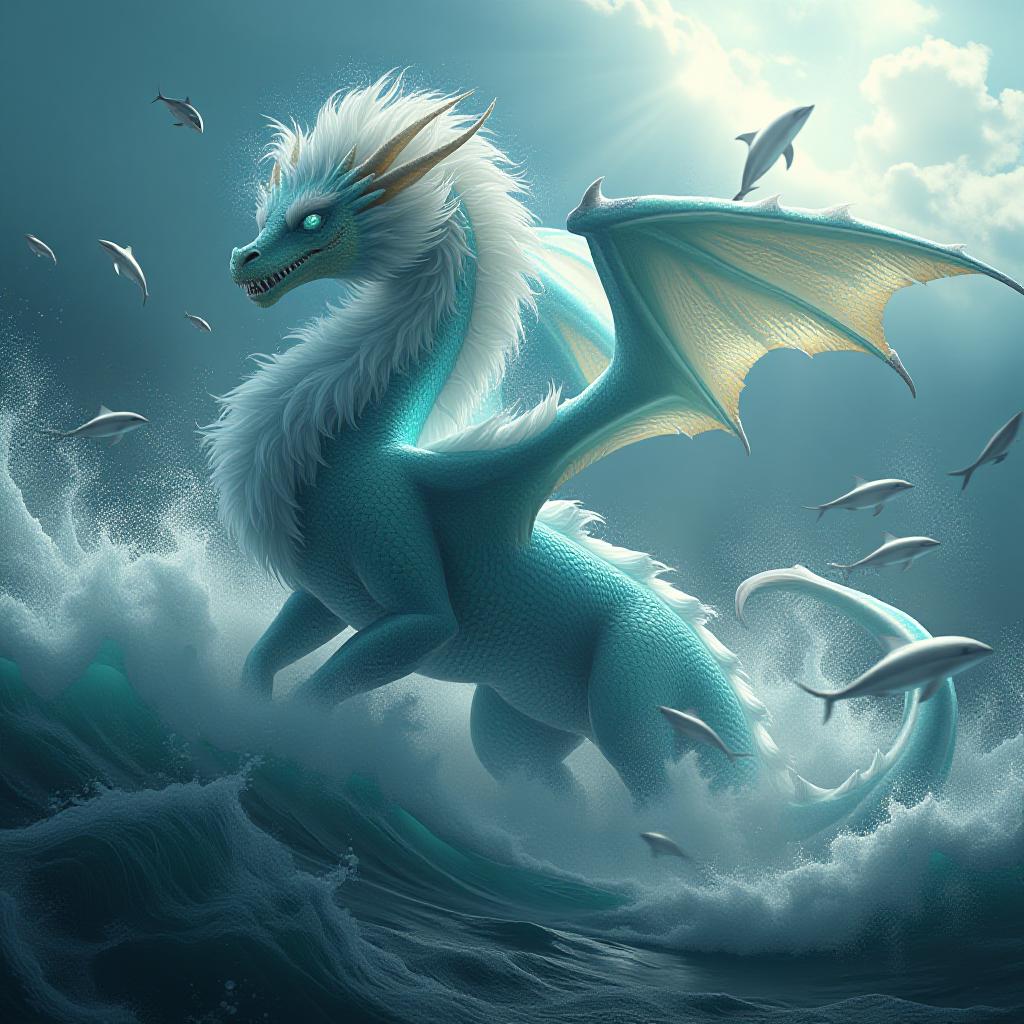  a majestic water dragon [1.3] emerging from a turbulent sea, its body formed of swirling, transparent water [1.4]. scales shimmer with the colors of the deep ocean teals, sapphires, and aquamarines. eyes glow like bioluminescent creatures [1.2], piercing through the mist. mane and whiskers made of white sea foam, billowing in the wind. wings spread wide, composed of cascading waterfalls [1.3] that create rainbows in the sunlight. surrounded by a storm of flying fish and leaping dolphins. hyper detailed water textures [1.5], dynamic pose, dramatic lighting with sun breaking through storm clouds. hyperrealistic, full body, detailed clothing, highly detailed, cinematic lighting, stunningly beautiful, intricate, sharp focus, f/1. 8, 85mm, (centered image composition), (professionally color graded), ((bright soft diffused light)), volumetric fog, trending on instagram, trending on tumblr, HDR 4K, 8K