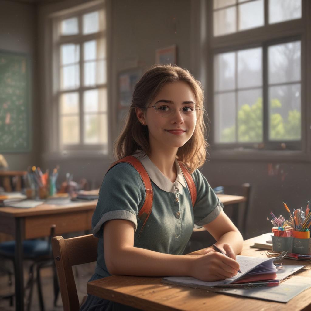 ((masterpiece)),(((best quality))), 8k, high detailed, ultra detailed,A cartoon style image of a girl sitting in a classroom, desk with colorful stationery, textbooks scattered around, (chalkboard with math equations), (sunlight streaming through the window) hyperrealistic, full body, detailed clothing, highly detailed, cinematic lighting, stunningly beautiful, intricate, sharp focus, f/1. 8, 85mm, (centered image composition), (professionally color graded), ((bright soft diffused light)), volumetric fog, trending on instagram, trending on tumblr, HDR 4K, 8K