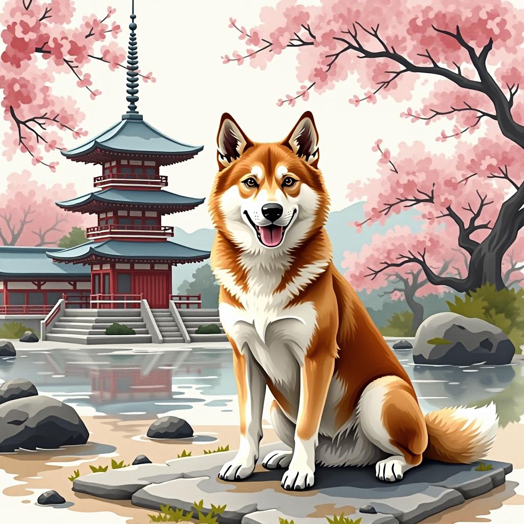  watercolor painting a masterpiece. (painting, hachiko dog, monotone, looking into camera, in sekitei garden, on meditation platform with stones, against pagoda and cherry blossom background:1.5). (intense close up:1.2). highly detailed strokes, clarity. surrealism, fantasy. watercolor style by sergei andreyaki. on paper torsion. leaks, stains.:1.5.) . vibrant, beautiful, painterly, detailed, textural, artistic hyperrealistic, full body, detailed clothing, highly detailed, cinematic lighting, stunningly beautiful, intricate, sharp focus, f/1. 8, 85mm, (centered image composition), (professionally color graded), ((bright soft diffused light)), volumetric fog, trending on instagram, trending on tumblr, HDR 4K, 8K