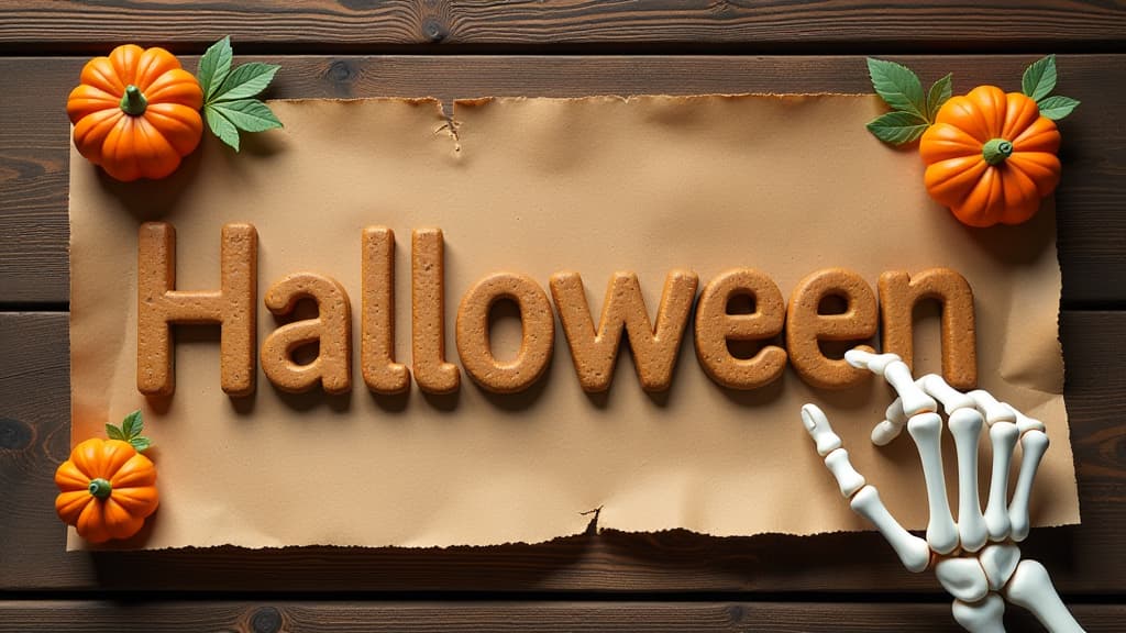  small letters "halloween" made of gingerbread and festive decorated in halloween style with tiny pumpkins, gingerbread lies on слегка помятой backer paper на противне with rustic wooden table under it, from the corner of the banner to one of the gingerbread reaches a scary white skeleton hand and takes the gingerbread letter with two fingers, top view {prompt}, maximum details