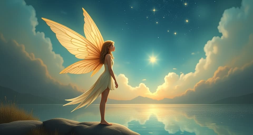  a serene fairy with large, translucent wings, shimmering under a sky filled with soft, bright stars, stands by a sparkling lake in a fantastical landscape. her expression is a mix of serenity and reflection, surrounded by an aura of realization.. the style is digital art illustration,highly detailed, whimsical,magical, dreamlike atmosphere, realism and fantasy blend, smooth, glossy textures,luminous quality, wonder and enchantment.