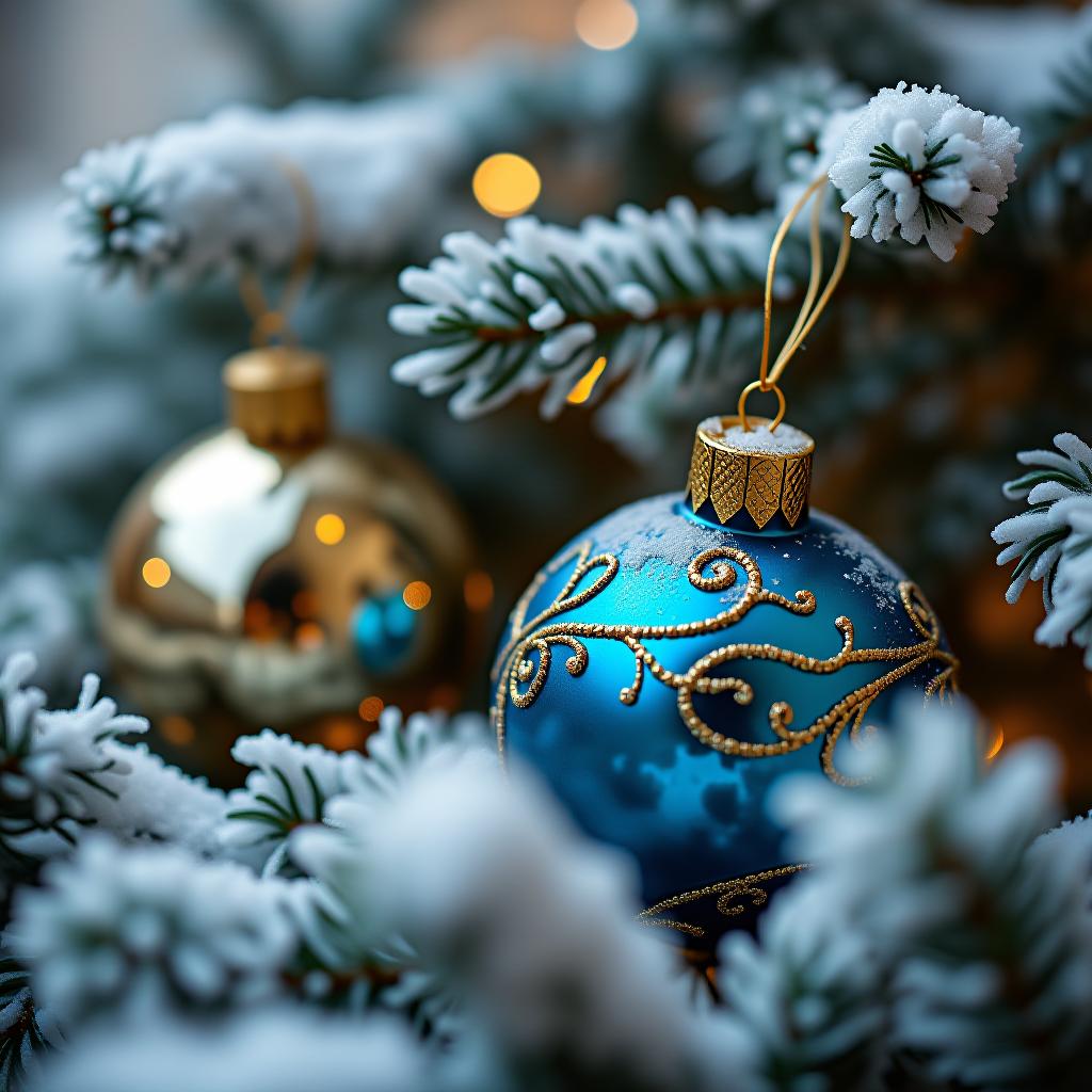  christmas ornaments in blue and gold nestled among snowy branches, capturing the festive holiday spirit.