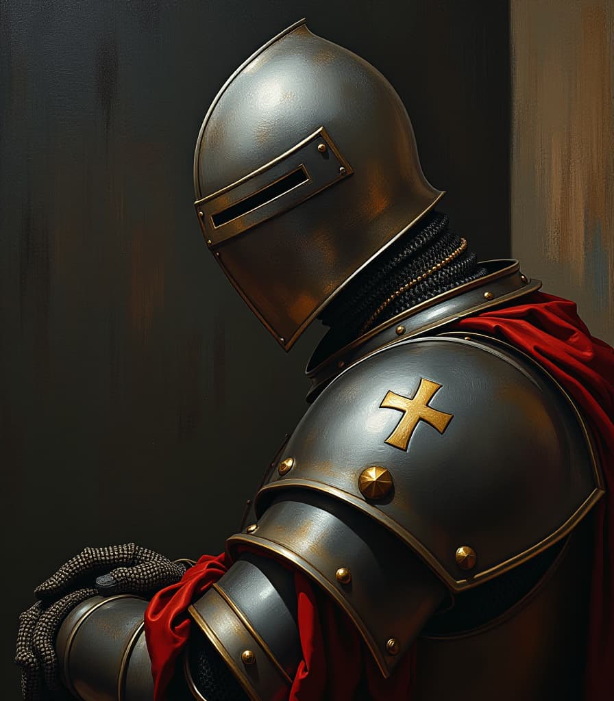  renaissance style masterpiece. (painting, oil painting. knight sad image:1.5). intense close up. highly detailed strokes, clarity. fantasy, surrealism style. . realistic, perspective, light and shadow, religious or mythological themes, highly detailed hyperrealistic, full body, detailed clothing, highly detailed, cinematic lighting, stunningly beautiful, intricate, sharp focus, f/1. 8, 85mm, (centered image composition), (professionally color graded), ((bright soft diffused light)), volumetric fog, trending on instagram, trending on tumblr, HDR 4K, 8K