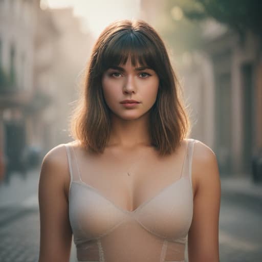 an ultra realistic photo of beautiful woman, taken from front view, vintage photography style, bangs hairstyle, in with nude clothing, with fat, indian ethnicity, one person symmetrical balance, in-frame hyperrealistic, full body, detailed clothing, highly detailed, cinematic lighting, stunningly beautiful, intricate, sharp focus, f/1. 8, 85mm, (centered image composition), (professionally color graded), ((bright soft diffused light)), volumetric fog, trending on instagram, trending on tumblr, HDR 4K, 8K