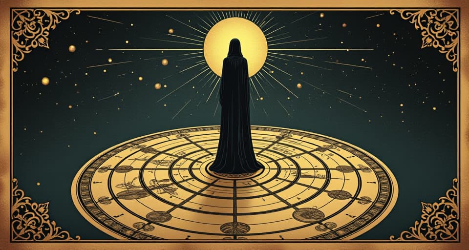  a figure standing atop a celestial map, intricate design, cosmic, alignment. an illustration in the style of a worn, mystical old tarot trump card, mysterious and elements of surrealism. the colors are muted, somber and eerie, but with contrast bring out an occult and esoteric vibe.