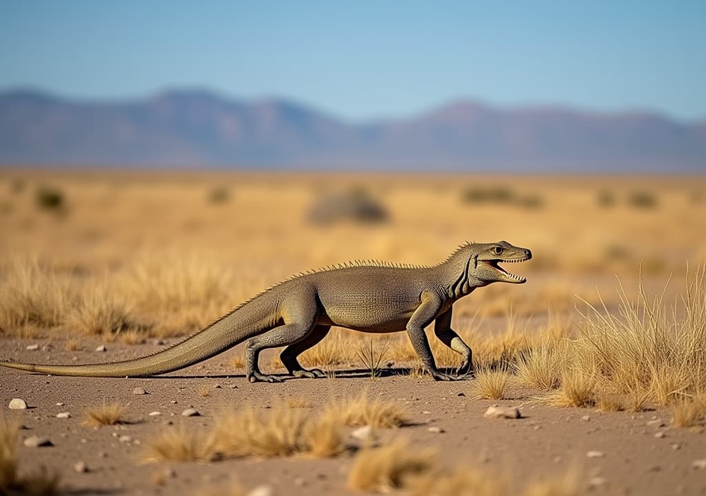  a photo of a komodo dragon walking through dry grasslands during midday