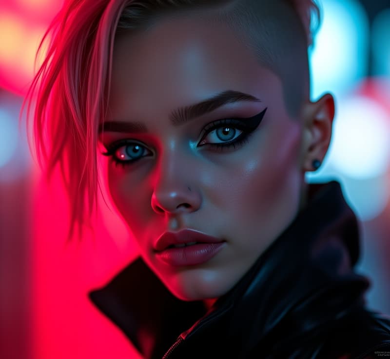  ultra realistic close up portrait ((beautiful pale cyberpunk female with heavy black eyeliner)), blue eyes, shaved side haircut, hyper detail, cinematic lighting, magic neon, dark red city, canon eos r3, nikon, f/1.4, iso 200, 1/160s, 8k, raw, unedited, symmetrical balance, in frame, 8k hyperrealistic, full body, detailed clothing, highly detailed, cinematic lighting, stunningly beautiful, intricate, sharp focus, f/1. 8, 85mm, (centered image composition), (professionally color graded), ((bright soft diffused light)), volumetric fog, trending on instagram, trending on tumblr, HDR 4K, 8K