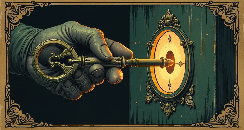  a key fitting into a glowing lock, unlocking potential, mysterious, opportunity. an illustration in the style of a worn, mystical old tarot trump card, mysterious and elements of surrealism. the colors are muted, somber and eerie, but with contrast bring out an occult and esoteric vibe.