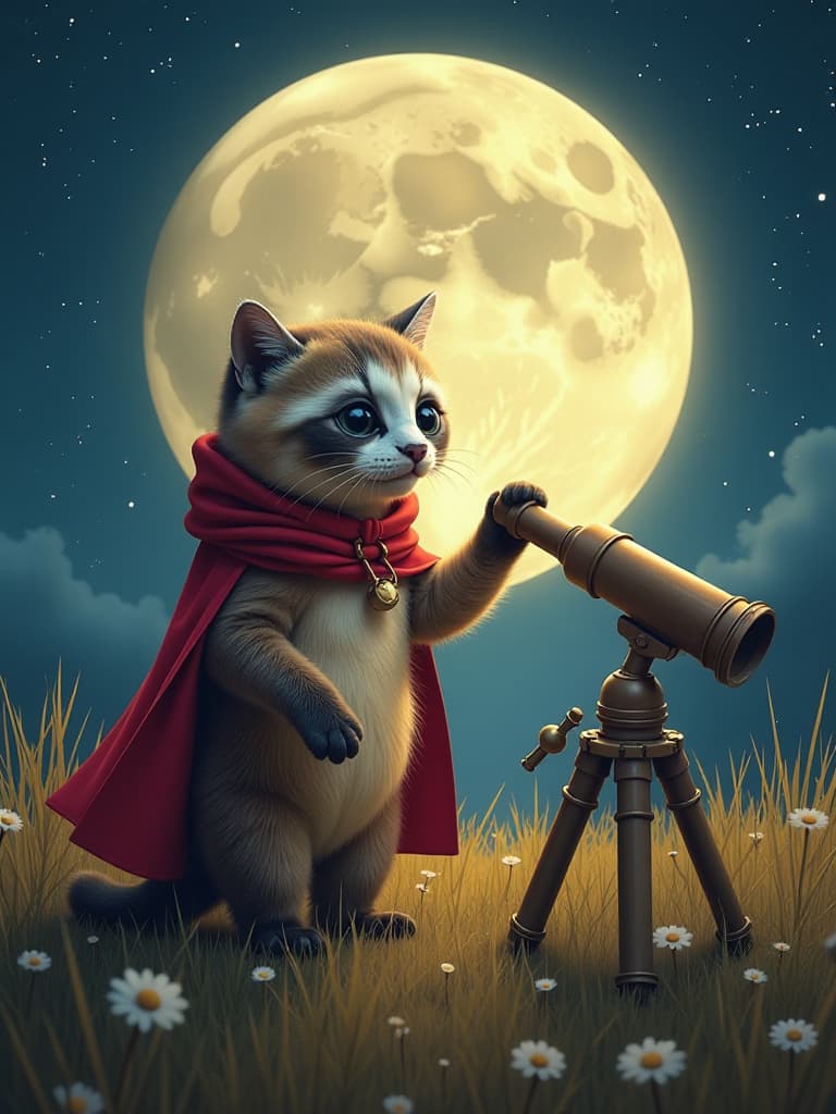  masterpiece,best of the best{,((full moon)) ＆((cute cat))},((sloth with cape)),(((cat with muffler))),((telescope)),book,moonlit background,field,high quality,16k