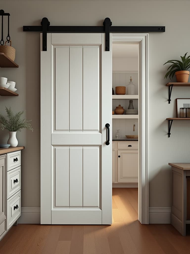  high quality portrait photo of a diy barn door painted in distressed white, sliding on a black iron track, partially open to reveal a farmhouse style pantry hyperrealistic, full body, detailed clothing, highly detailed, cinematic lighting, stunningly beautiful, intricate, sharp focus, f/1. 8, 85mm, (centered image composition), (professionally color graded), ((bright soft diffused light)), volumetric fog, trending on instagram, trending on tumblr, HDR 4K, 8K