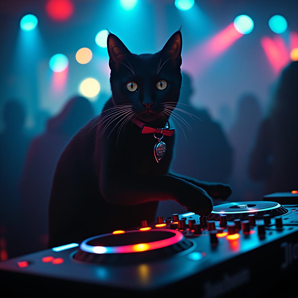  a black cat djying on a gay party hyperrealistic, full body, detailed clothing, highly detailed, cinematic lighting, stunningly beautiful, intricate, sharp focus, f/1. 8, 85mm, (centered image composition), (professionally color graded), ((bright soft diffused light)), volumetric fog, trending on instagram, trending on tumblr, HDR 4K, 8K