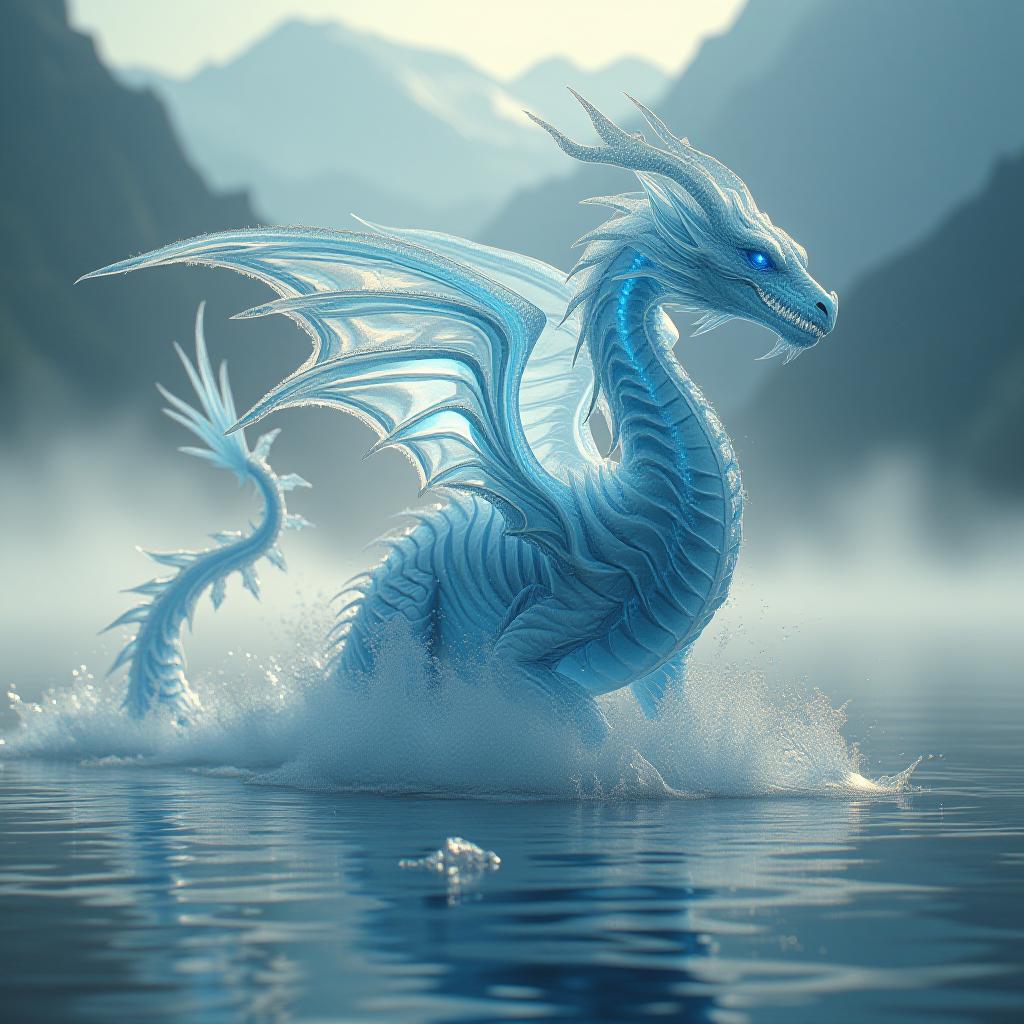  an ethereal ice dragon [1.3] materializing from a misty mountain lake at dawn. body formed of crystal clear water, frozen mid motion [1.4]. intricate frost patterns etched across its transparent scales [1.2], refracting light into prismatic displays. eyes like swirling whirlpools of deep blue. horns and claws made of jagged icicles. breath a spray of glittering ice crystals [1.3]. surrounded by a swirling vortex of snowflakes and mist. hyper detailed ice textures [1.5], serene pose, soft pastel lighting of early morning. hyperrealistic, full body, detailed clothing, highly detailed, cinematic lighting, stunningly beautiful, intricate, sharp focus, f/1. 8, 85mm, (centered image composition), (professionally color graded), ((bright soft diffused light)), volumetric fog, trending on instagram, trending on tumblr, HDR 4K, 8K