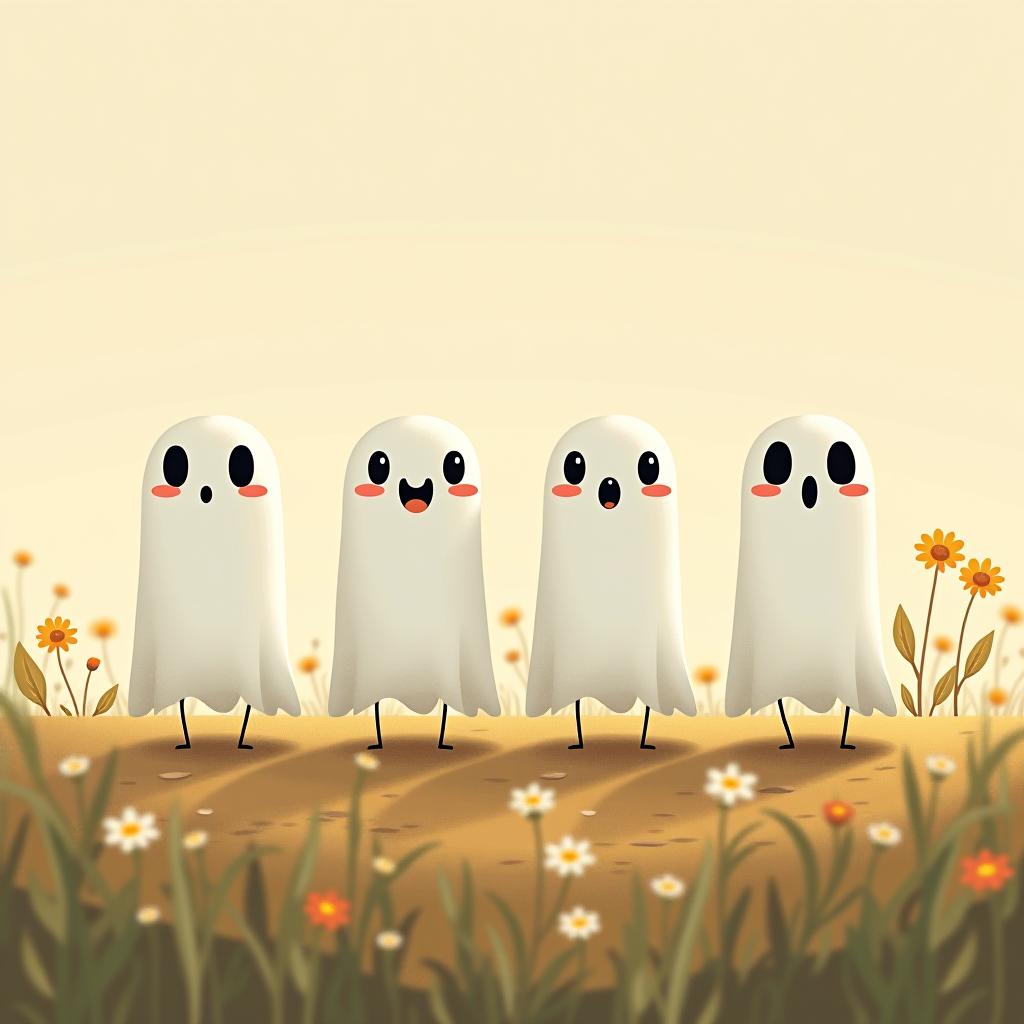  create a digital illustration featuring a row of four or five cute, cartoonish ghost characters, each with a different appearance, standing in different positions within sparse, life like wildflowers.