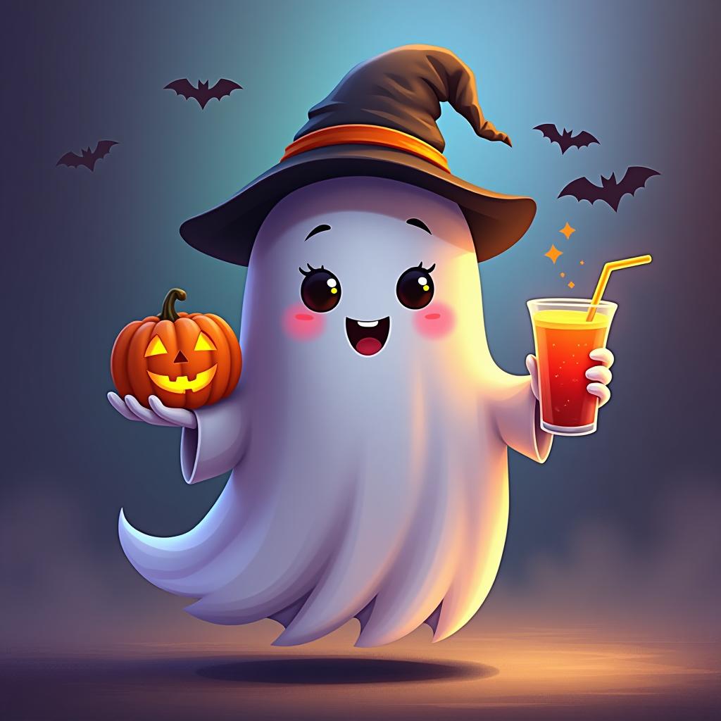  create a digital painting featuring a cute ghost character. the ghost should be wearing a hat. in one hand, the ghost should hold a pumpkin with a carved face, and in the other hand, a halloween themed drink. the background should be colorfull and include small black bats and stars to add a playful halloween touch. the overall style should be cute, whimsical, and colorful hyperrealistic, full body, detailed clothing, highly detailed, cinematic lighting, stunningly beautiful, intricate, sharp focus, f/1. 8, 85mm, (centered image composition), (professionally color graded), ((bright soft diffused light)), volumetric fog, trending on instagram, trending on tumblr, HDR 4K, 8K