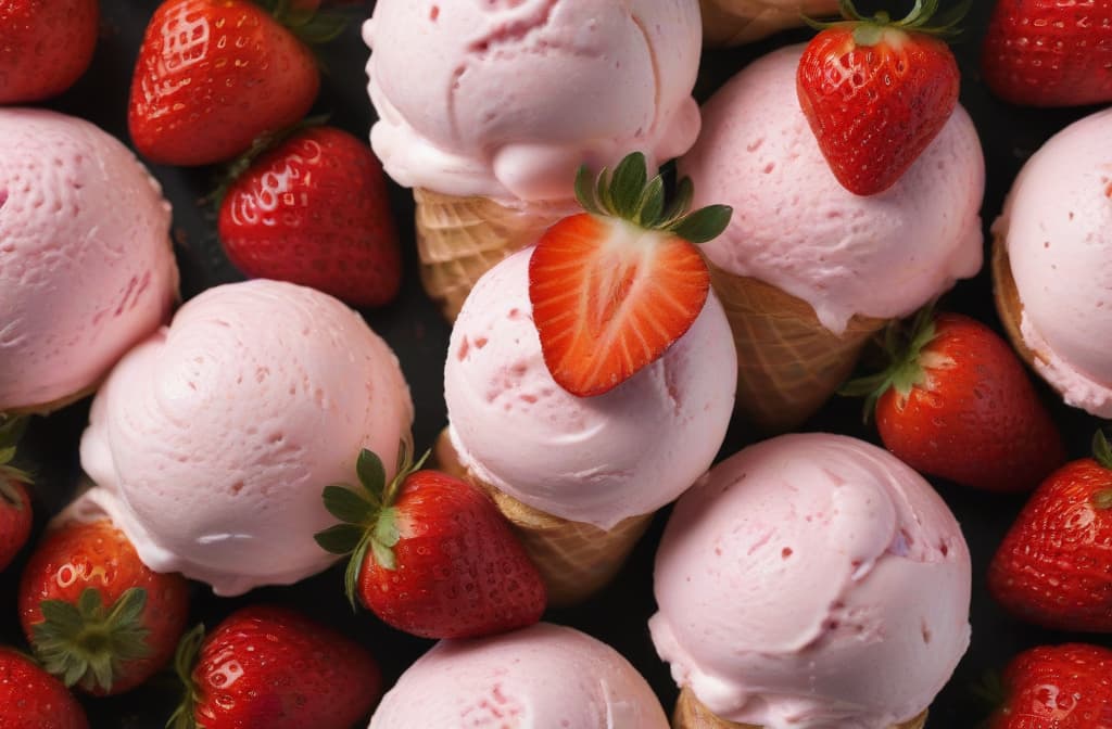 Ice cream decorated with strawberries --ar 3:2 high quality, detailed intricate insanely detailed, flattering light, RAW photo, photography, photorealistic, ultra detailed, depth of field, 8k resolution , detailed background, f1.4, sharpened focus