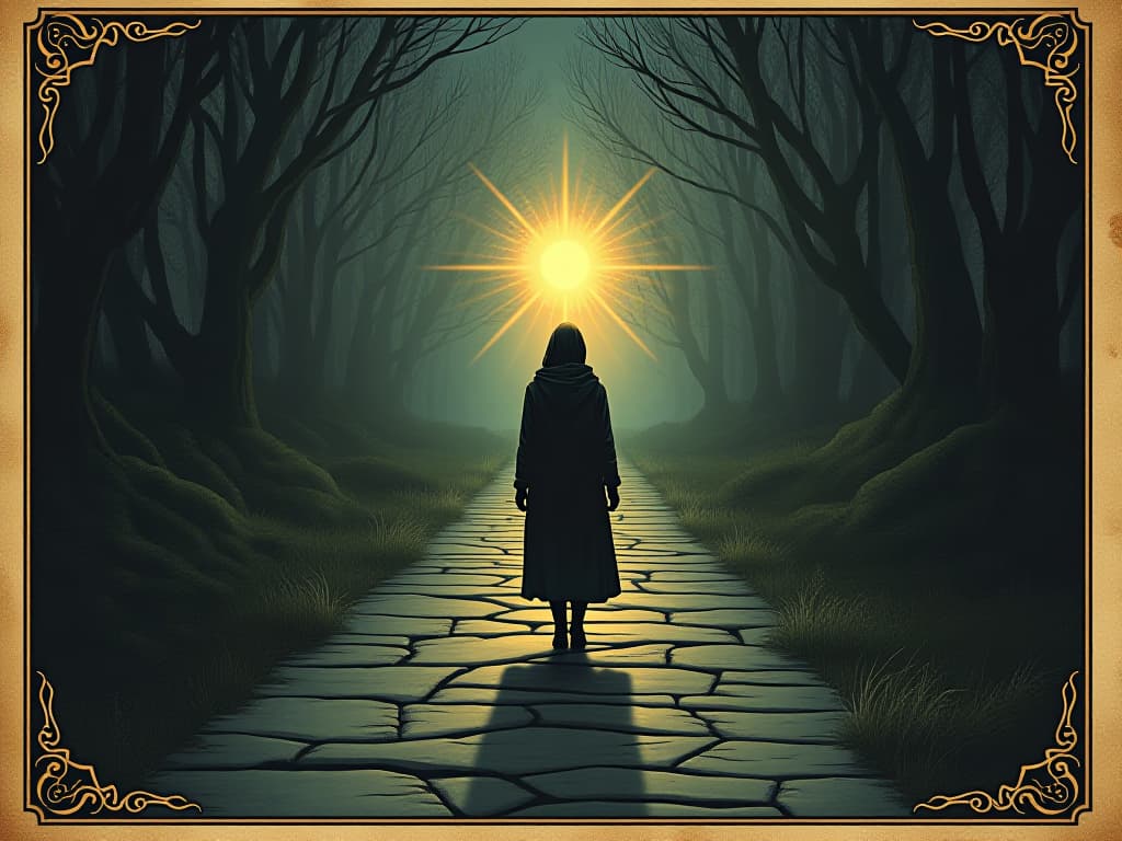  divine hand, guiding light, leads through a shadowy path, twilight setting, inscribed symbols on the ground, ancient, celestial guidance, pathway illuminated by divine energies, protective, directive. an illustration in the style of a worn, mystical old tarot trump card, mysterious and elements of surrealism. the colors are muted, somber and eerie, but with contrast bring out an occult and esoteric vibe.