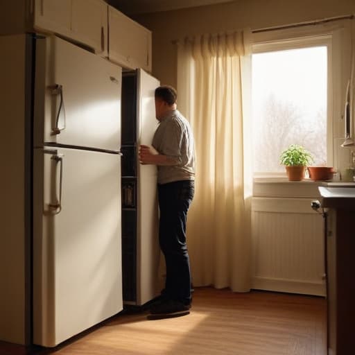 A photo of an experienced appliance repair technician examining a vintage refrigerator in a cozy kitchen during the late afternoon light filtering through sheer curtains.