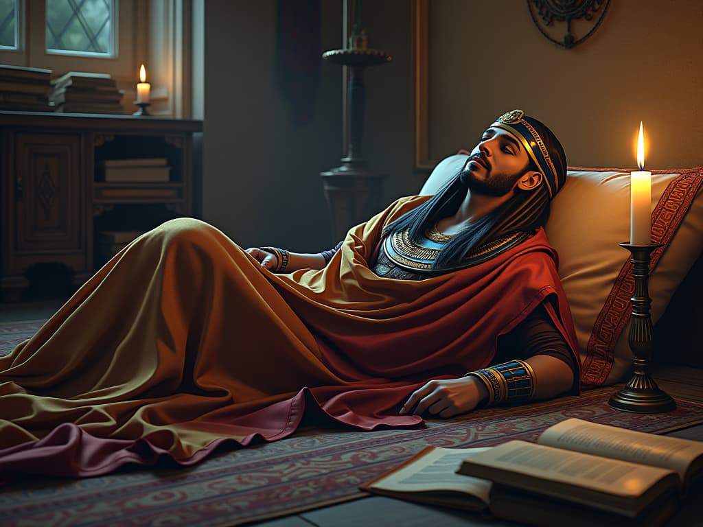  an individual, wrapped in an ornate, flowing robe, reclining on silken cushions. the room filled with ancient texts and soft candlelight, symbolizing the peaceful act of staying home for self reflection and intellectual pursuit.. the style is digital art illustration / modern comic book / mysterious occult, symbolic, esoteric vibe,high detail on character design, incorporating ancient egyptian symbology and attire.