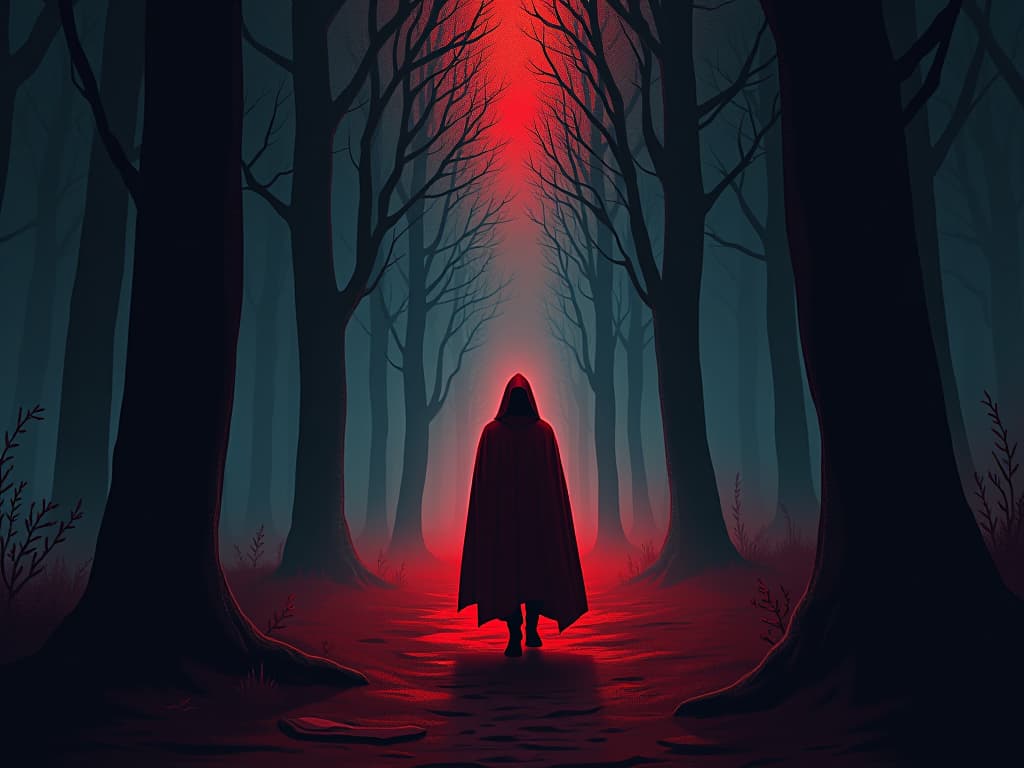  red cloaked guide leading the way through dark forest, faint light ahead, sense of guidance. the style is digital art illustration / modern comic book / graphic dark novel fantasy and mysterious occult, symbolic, moody lighting, esoteric vibe,high detail on character design. for the color scheme emphasize blacks and reds.