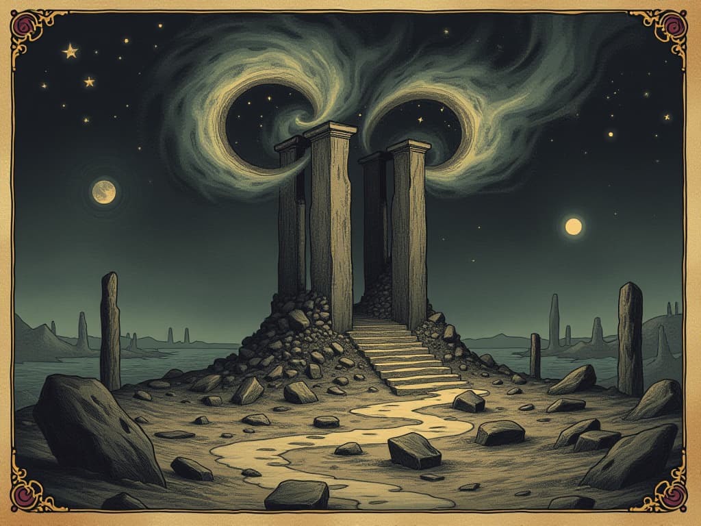  a crumbling foundation amidst a dark landscape, energies swirling around it, depicting transformation, chaotic yet dynamic, foundational, transformative. an illustration in the style of a worn, mystical old tarot trump card, mysterious and elements of surrealism. the colors are muted, somber and eerie, but with contrast bring out an occult and esoteric vibe.