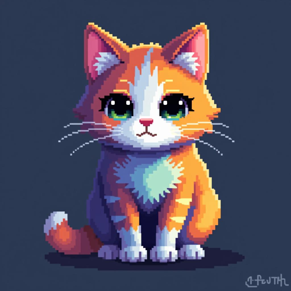  16x16 pixel art of a shy cat with rainbow fur