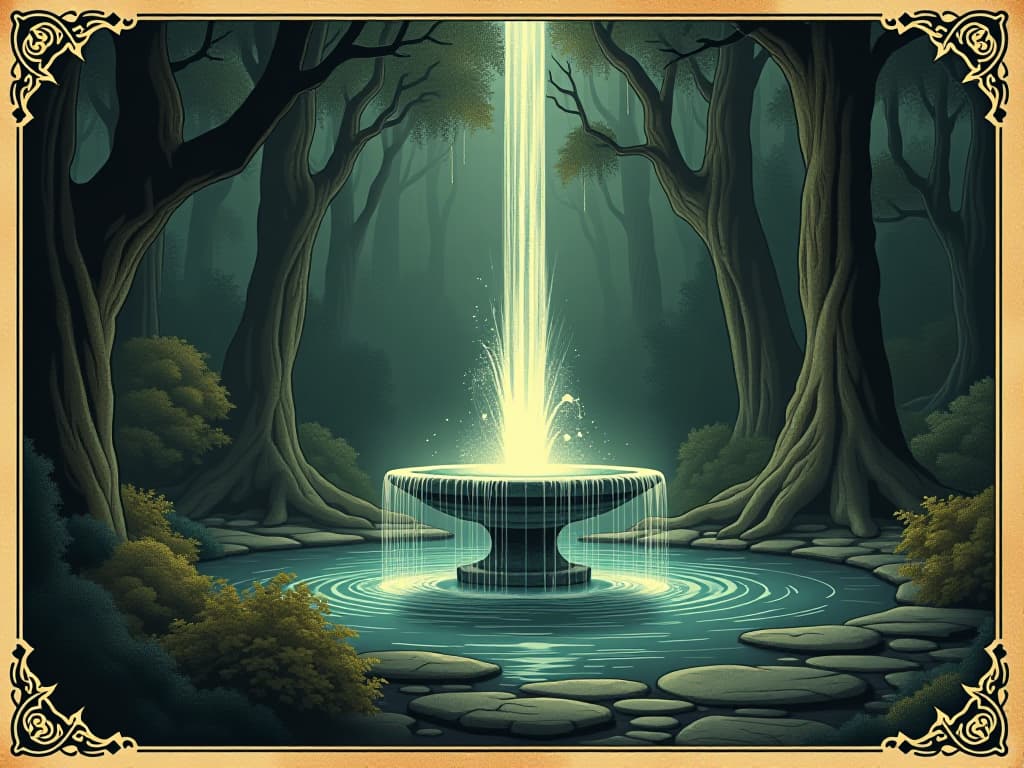  a mystical fountain in an ancient, overgrown forest, water sparkling with light, legendary aura, flowing youthfulness.. an illustration in the style of a worn, mystical old tarot trump card, mysterious and elements of surrealism. the colors are muted, somber and eerie, but with contrast bring out an occult and esoteric vibe.