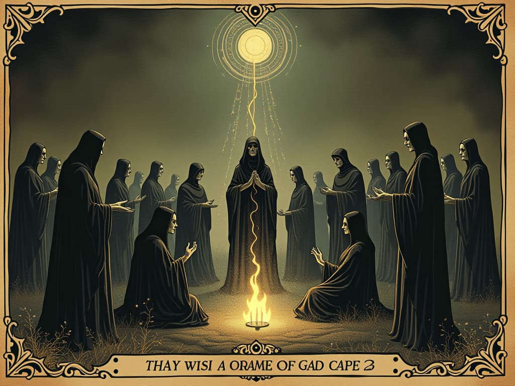  a gathering of figures, connected by luminous threads, wise, communal. an illustration in the style of a worn, mystical old tarot trump card, mysterious and elements of surrealism. the colors are muted, somber and eerie, but with contrast bring out an occult and esoteric vibe.