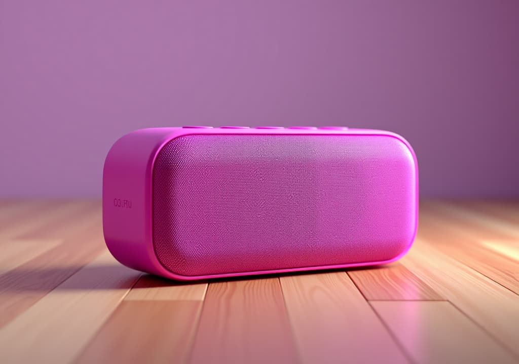  3d render of a pink and purple smart speaker on a wooden floor