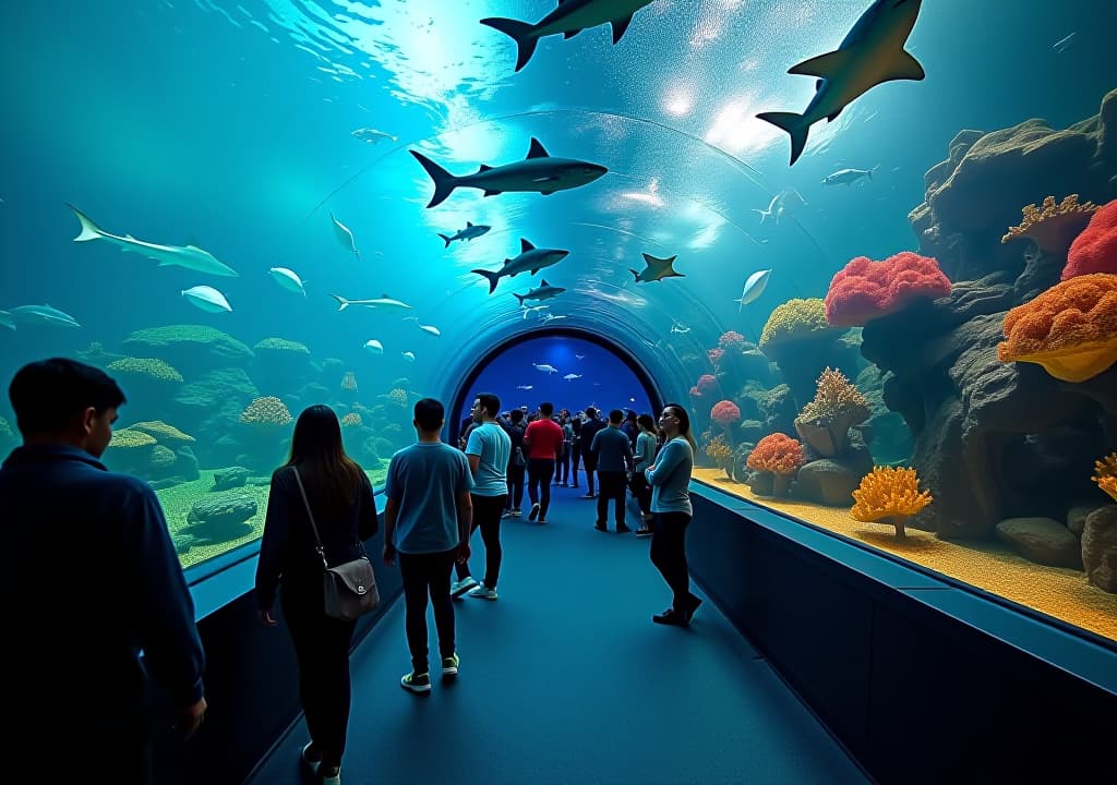  a vibrant scene inside ripley’s aquarium of canada, featuring the underwater tunnel with sharks and rays swimming overhead, colorful coral reef exhibits, and visitors engaging with interactive touch tanks, all set against the backdrop of the aquarium's stunning marine displays., in the style of photorealistic hyperrealistic, full body, detailed clothing, highly detailed, cinematic lighting, stunningly beautiful, intricate, sharp focus, f/1. 8, 85mm, (centered image composition), (professionally color graded), ((bright soft diffused light)), volumetric fog, trending on instagram, trending on tumblr, HDR 4K, 8K