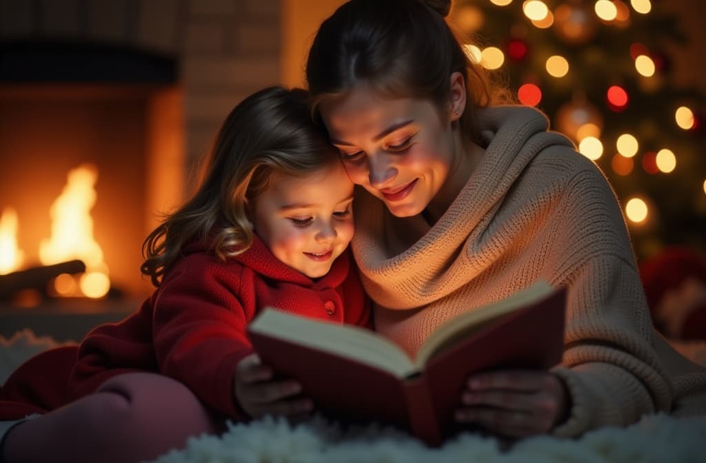  photo portrait mother and her child cuddled up under a blanket, reading a storybook by the warm glow of a fireplace , over festive blurred bokeh golden background, family winter storytime concept image ar 3:2 {prompt}, maximum details