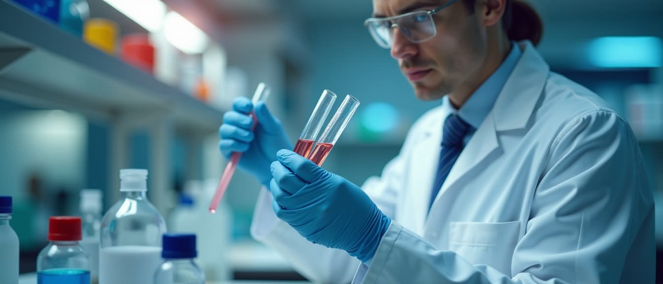  scientific research in medicine depicted by a doctor holding test tubes in a laboratory, high quality, high details, hd, perfect composition, 4k epic detailed, highly detailed, sharp focus, high resolution