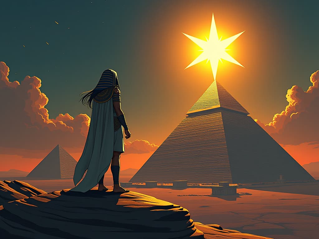  hidden talents shining brightly, represented by a radiant star atop a pyramid, casting light over the landscape, atmosphere of revelation and guidance. the style is digital art illustration / modern comic book / mysterious occult, symbolic, esoteric vibe,high detail on character design, incorporating ancient egyptian symbology and attire.