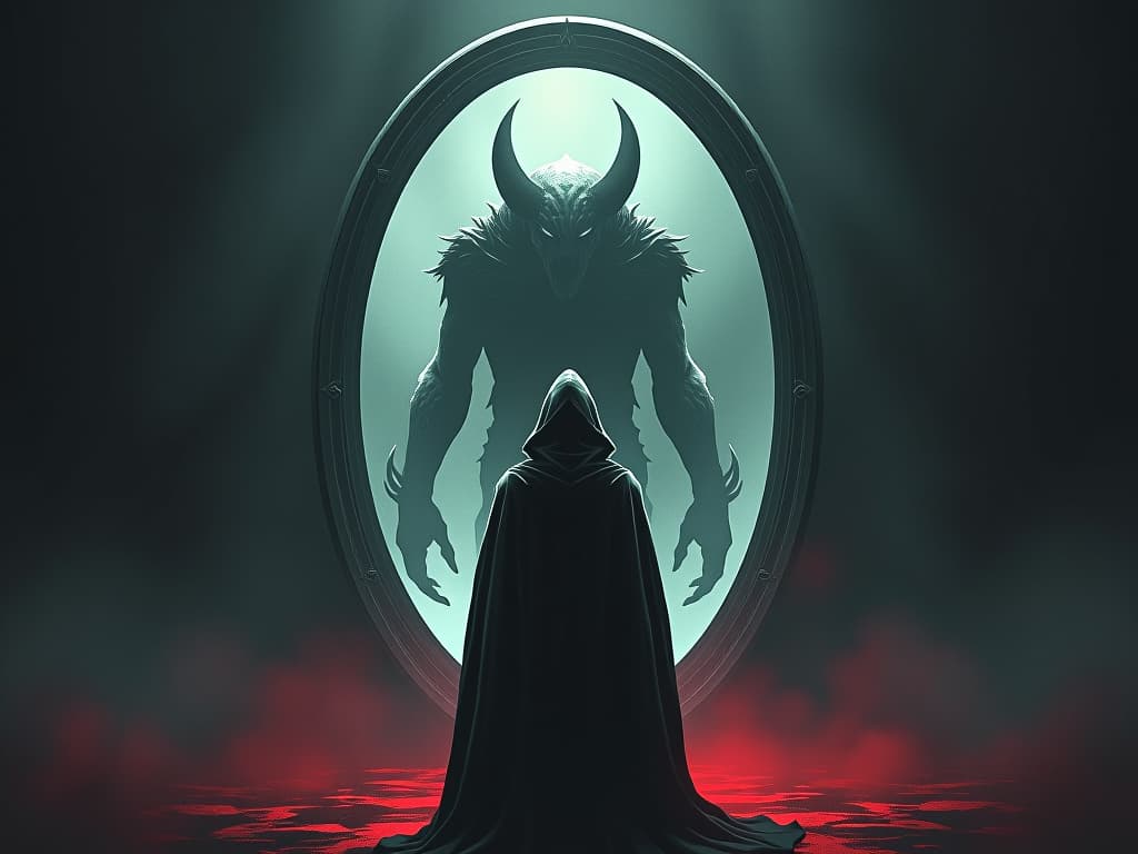  cloaked figure, hood drawn low, standing before an ethereal mirror, reflection shows a monstrous form, aura of foreboding and revelation. the style is dark fantasy and mysterious occult, symbolic, moody lighting, esoteric vibe,high detail on character design. for the color scheme emphasize blacks and reds.