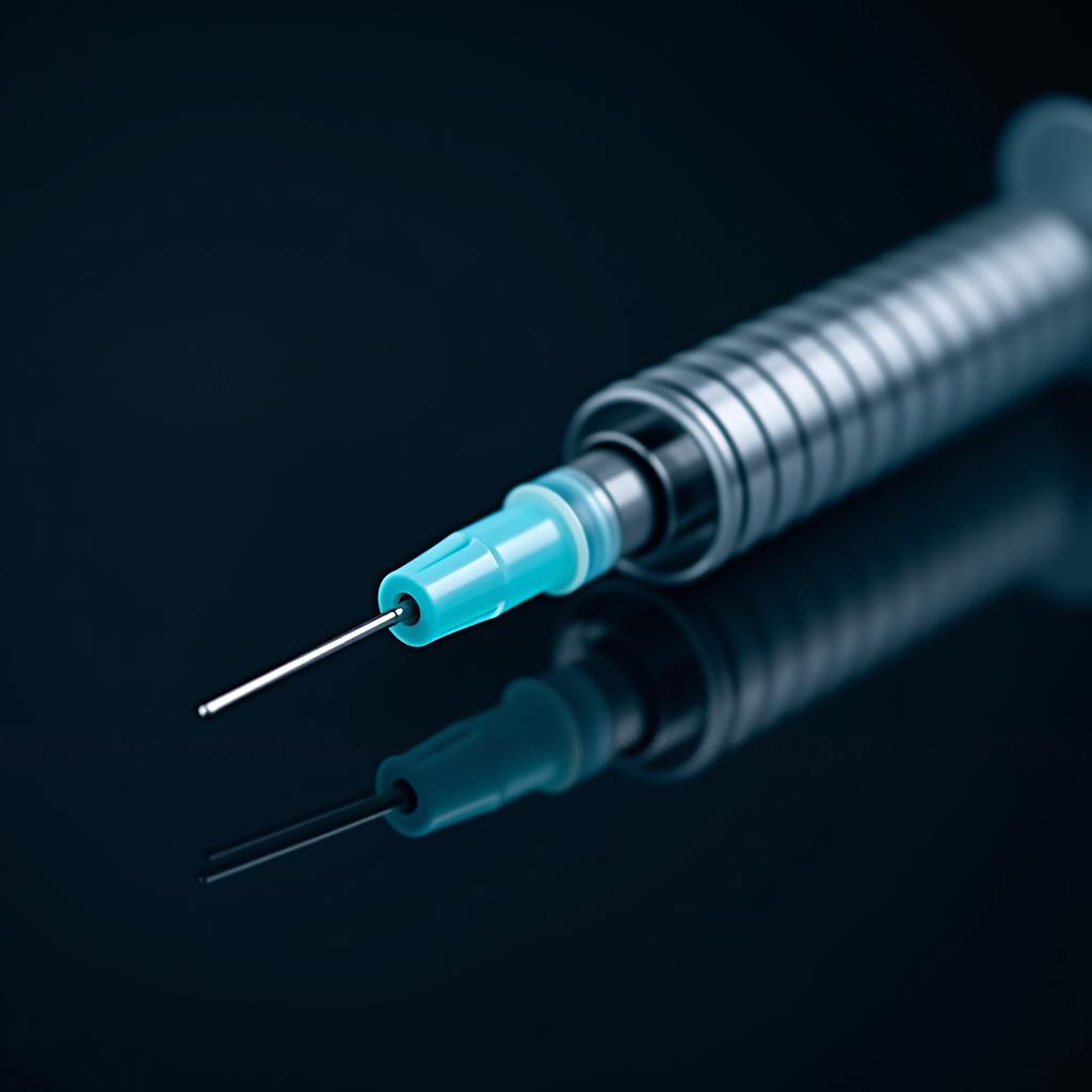  close up of metallic syringe on dark background for medical and vaccination themes. detailed syringe with reflective surface highlighting healthcare equipment.